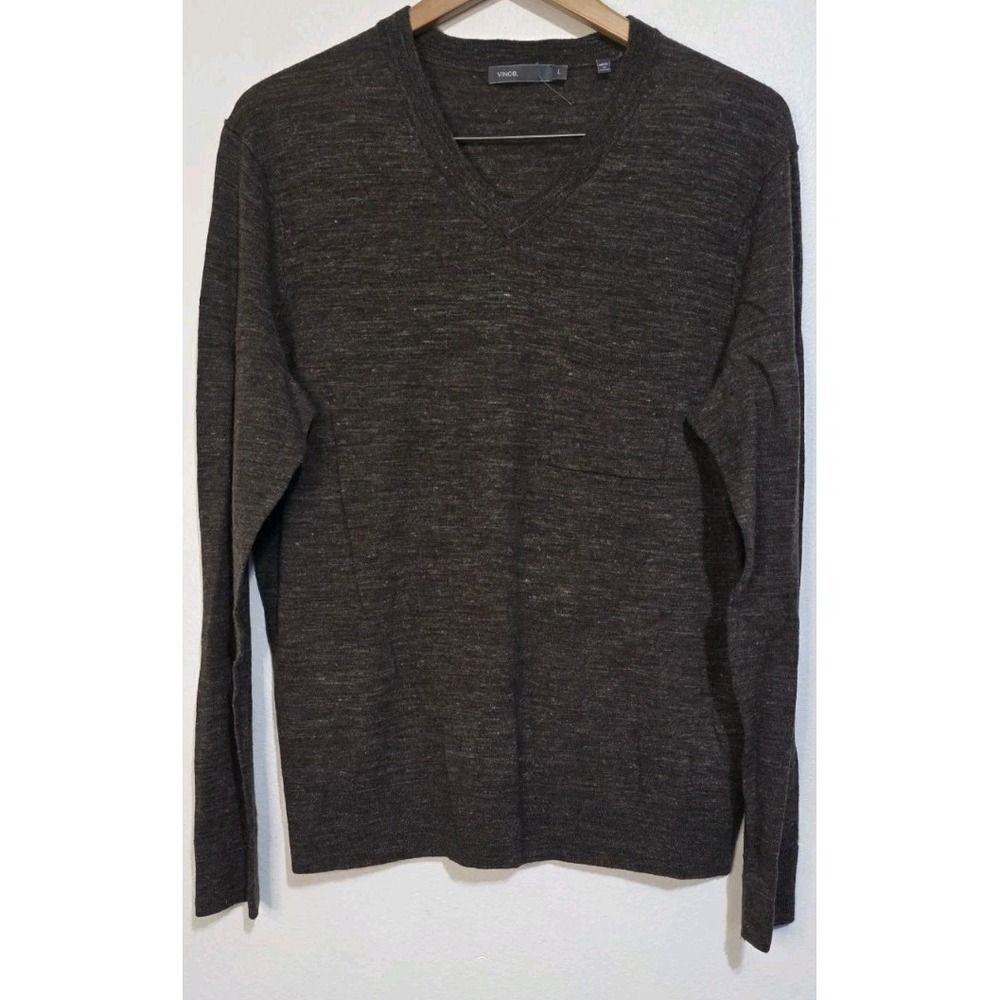 Vince‎ Brown V-Neck Long Sleeve Wool Linen Blend Sweater Men L Pocket Casual EUC